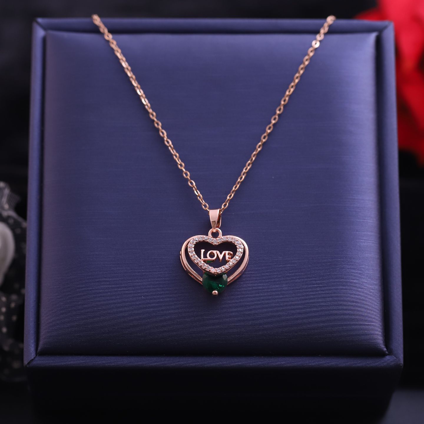 green diamond with love necklace