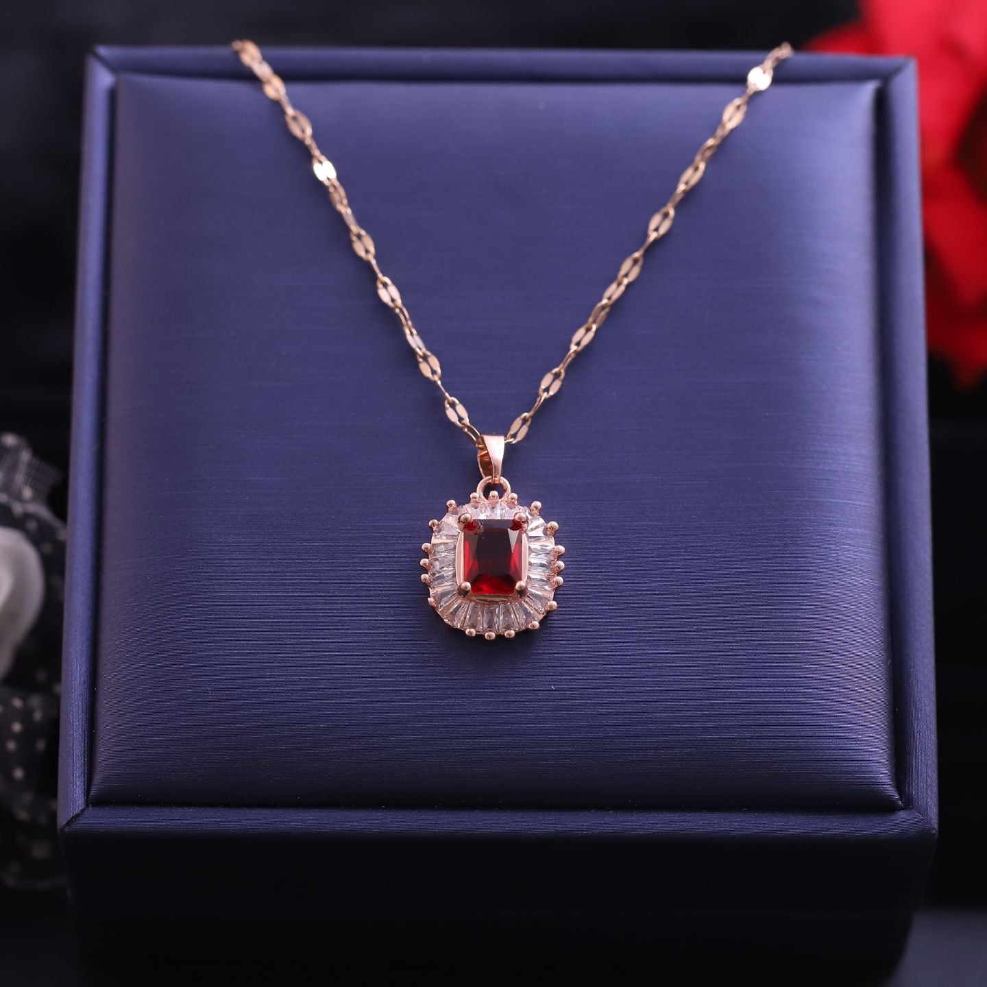 Crimson Bloom Rose Gold Pendant Necklace