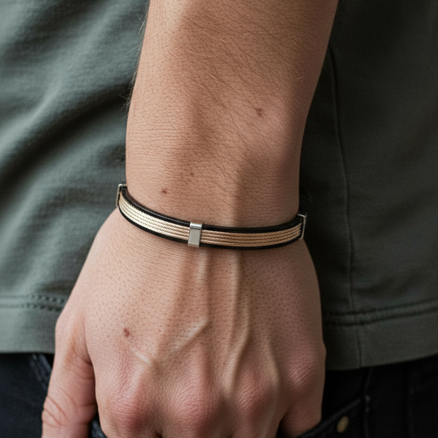 Rose Gold & Black Tri-Cable Bracelet [Kada] for Men.