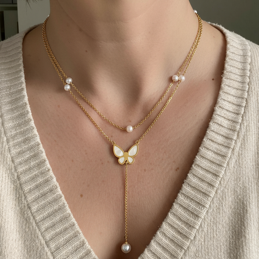 Golden Butterfly Pearl Drop Necklace