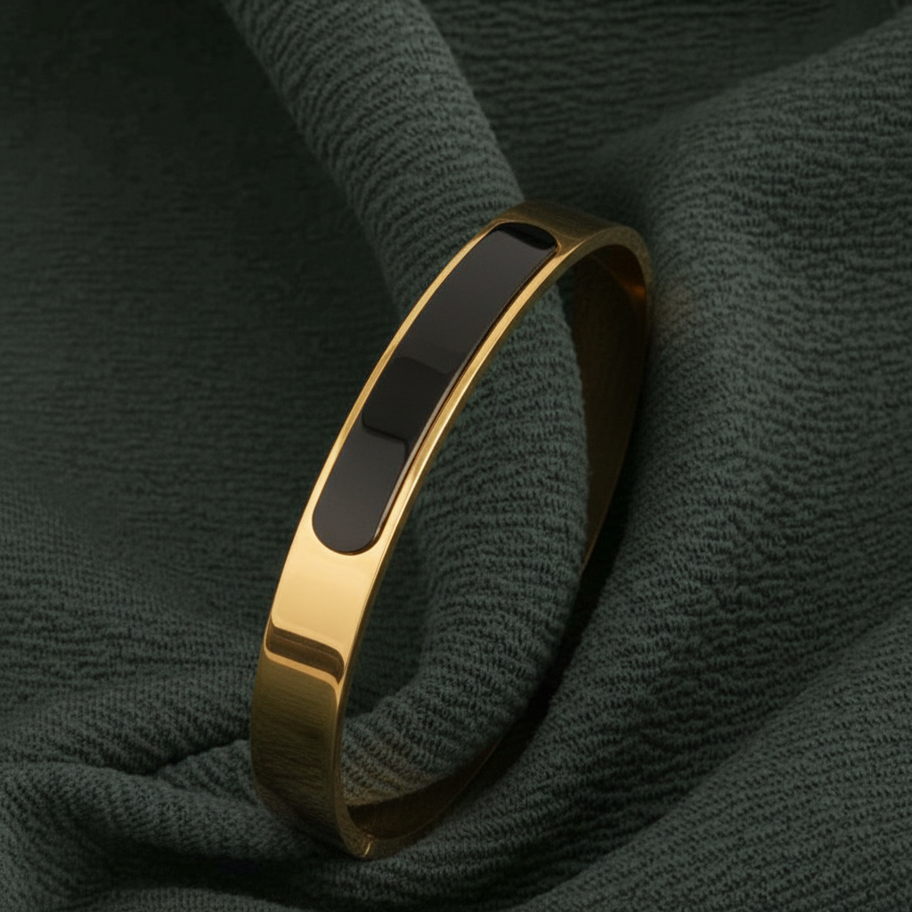 Gold-Tone with Black Enamel Bracelet [Kada] for Men