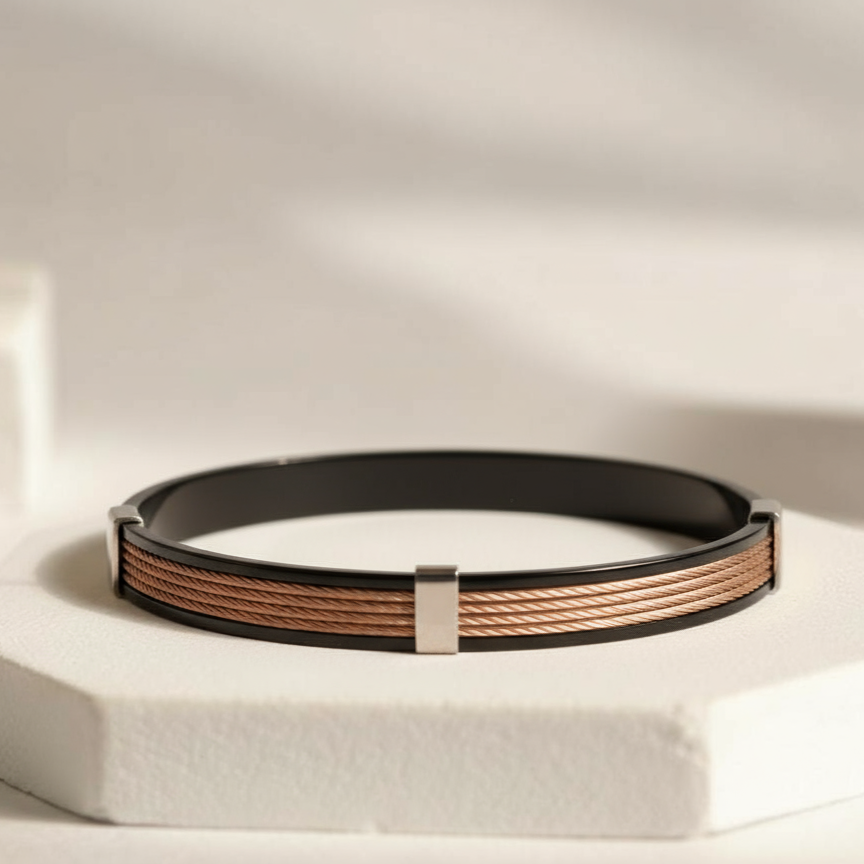Rose Gold & Black Tri-Cable Bracelet [Kada] for Men.